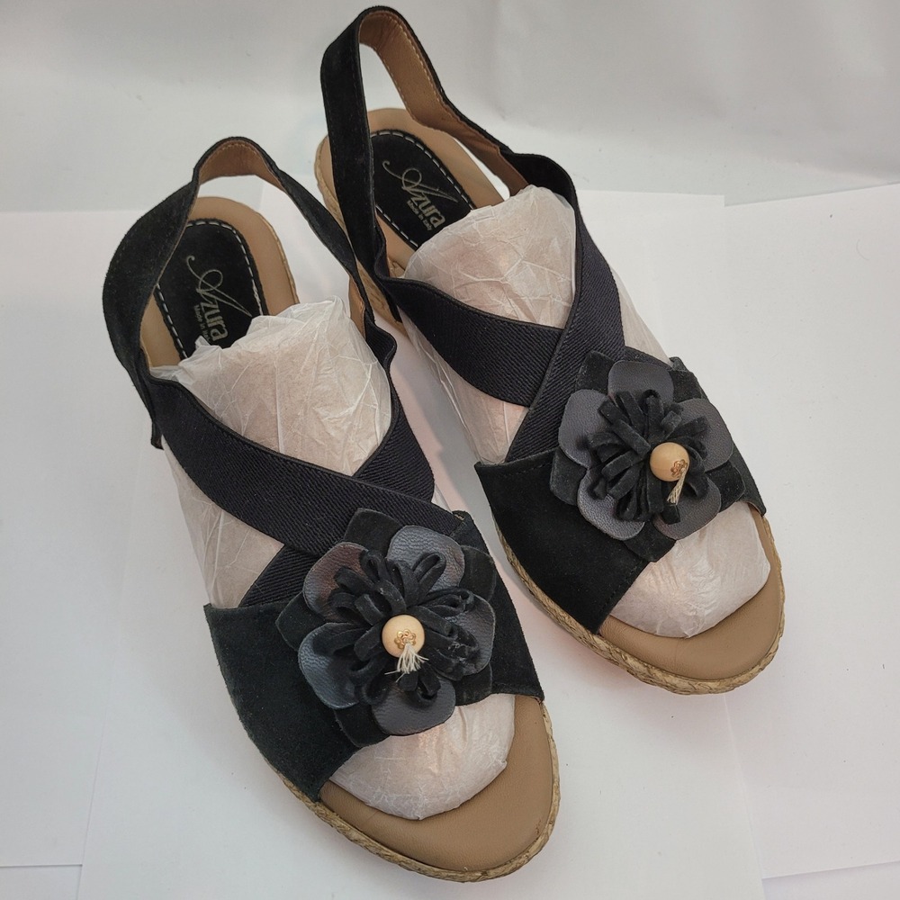 Azura Wedge Sandals Womens Black Suede Floral Espadrille Made in Italy Size 40